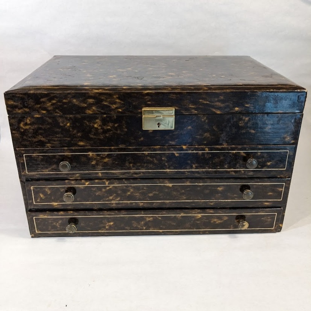 Vintage Mele Jewelry Box Chest 4 Drawer Mirror Necklace Hooks Faux Tortoiseshell